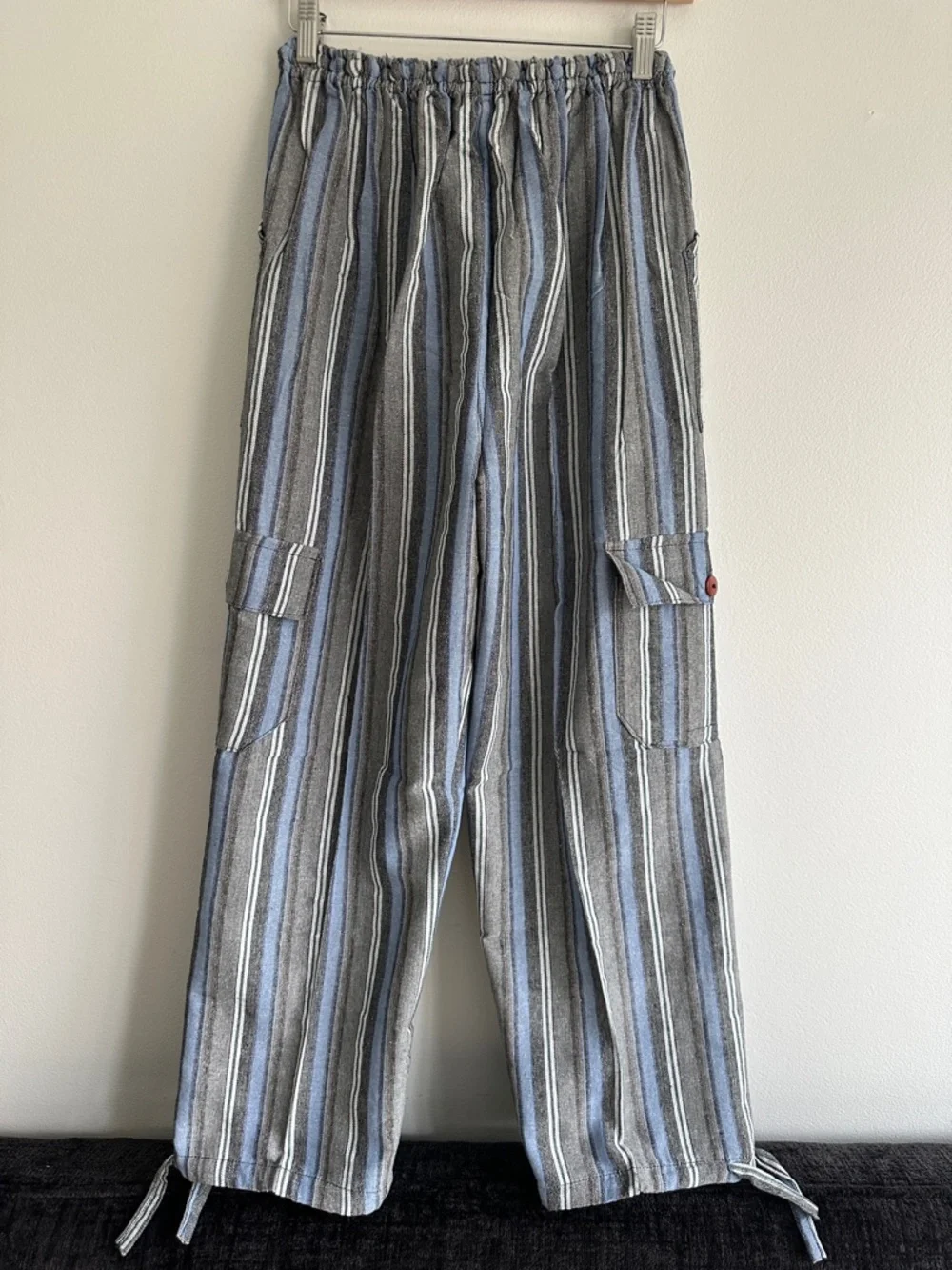 Peru/Ecuador Handmade Cotton Boho Unisex Striped Pants Joggers Blue Gray Medium‎ - Picture 3 of 6